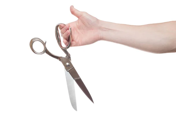 Hand holding big steel scissors, industrial tool — Stock Photo, Image