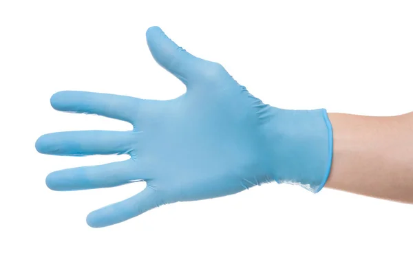 जेश्चर क्रमांक पाच सह लाटेकस शस्त्रक्रियात्मक हातमोजे परिधान उजवा हात — स्टॉक फोटो, इमेज