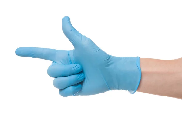 Права рука носить латексну хірургічну рукавичку з жестом номер два — стокове фото