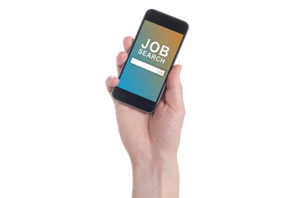 Tangan memegang Smartphone hitam dengan "Job Search" pada layar — Stok Foto