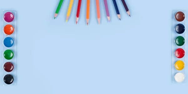 Pencils Watercolor Brush Wood Blue Background — Stock Photo, Image