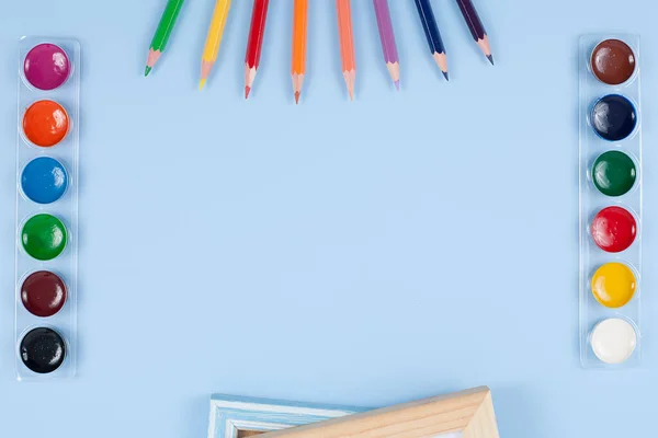 Pencils Watercolor Brush Wood Blue Background — Stock Photo, Image