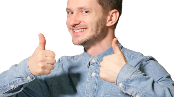 Joven Hombre Guapo Sobre Fondo Aislado Feliz Con Una Gran — Foto de Stock