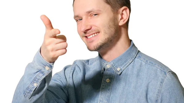 Joven Hombre Guapo Sobre Fondo Aislado Feliz Con Una Gran — Foto de Stock