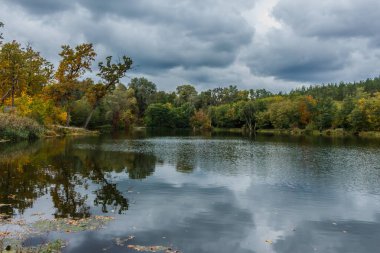 Şafak vakti gizemli göl. 1006 2019 Kiev bölgesi. Ukrayna.