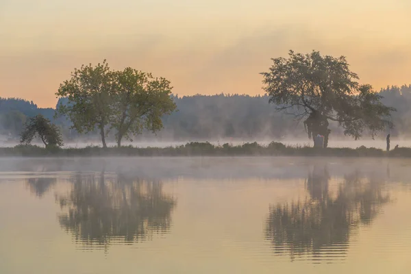 Walk with morning fog on the lake. Fishing at dawn. Kiev region, Ukraine. 20 September 2020