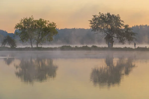 Caminhe Com Nevoeiro Matinal Lago Pescar Amanhecer Região Kiev Ucrânia — Fotografia de Stock