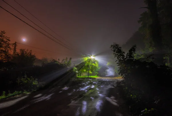 Νυχτερινή Βόλτα Στους Δρόμους Της Ομιχλώδους Πόλης Πόλη Μπογιάρκα Περιφέρεια — Φωτογραφία Αρχείου