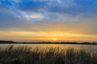 Gölde ılık sonbahar günbatımı. Boyarka kasabası. Kiev bölgesi. Ukrayna. 4 Eylül 2020