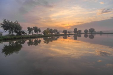 Sabah sisinde gölde yürü. Şafakta balık avlamak. Kiev bölgesi, Ukrayna. 10 Eylül 2020