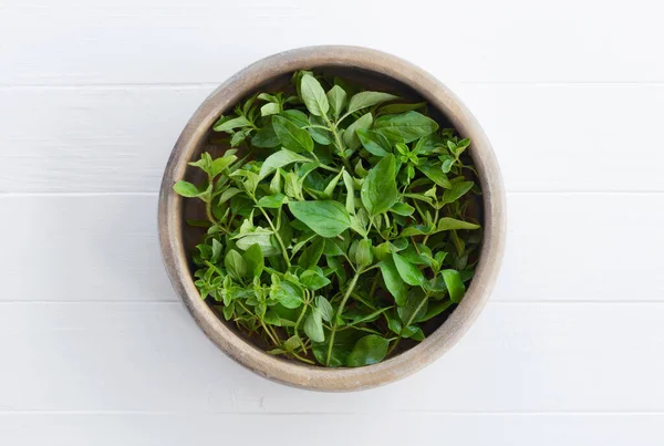Fresh Leaves Sprigs Oregano Wooden Bowl Fresh Organic Herbs Top — Stock Photo, Image