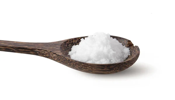 Salt in wood spoon isolated on white backgrpond — Stock Photo, Image
