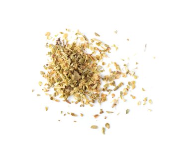 Beyaz arka planda Oregano baharatı. en üstteki görünüm