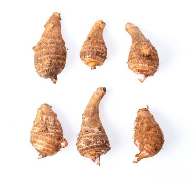 Taro kökü beyaz arkaplanda izole edilmiş. en üstteki görünüm