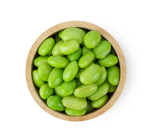Soy beans in wood bowl isolated on white background. top view — Stock Photo, Image