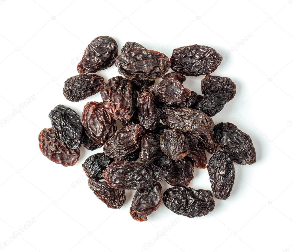 Raisins isolated on white background. top view