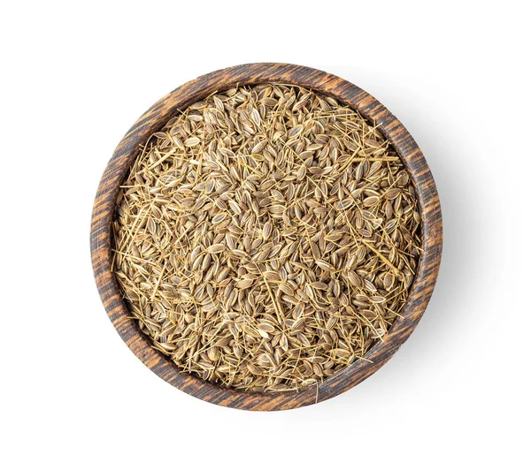 Dried caraway seeds in wood bowl isolated on white background. t — Stock Photo, Image