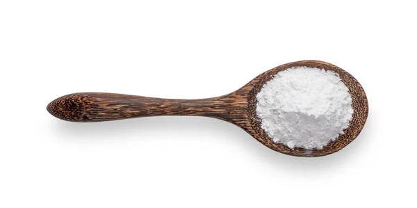 Pile of flour in wood spoon isolated on white background .top vi — Stock Photo, Image