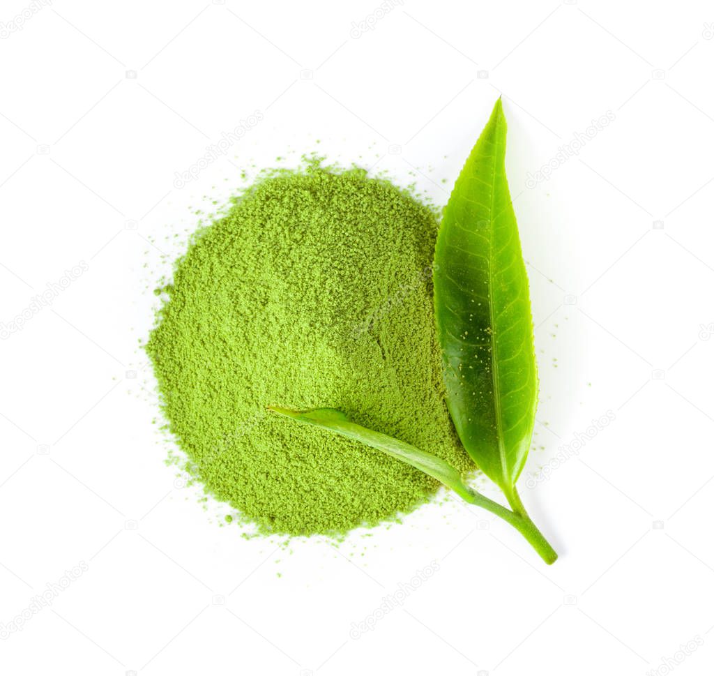 tea leaf and matcha green tea powder isolat on white background.