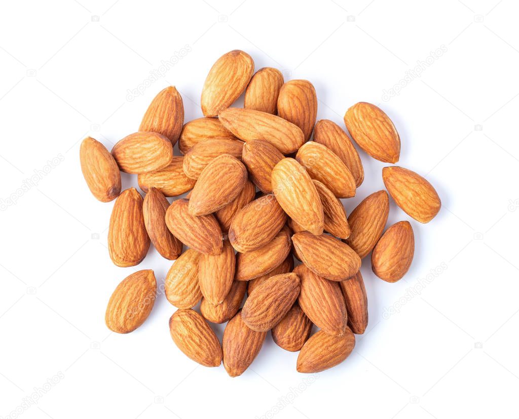 Almond Nuts isolated on white background. top view