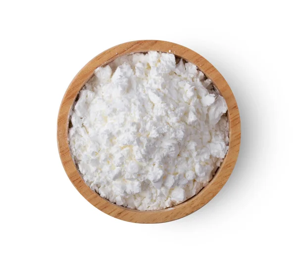 Pile Flour Wood Bowl Isolated White Background Top View — Stock Photo, Image