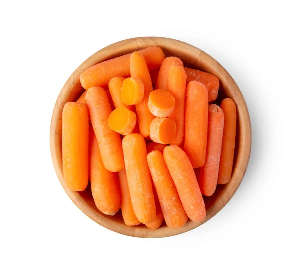 Vista Superior Grupo Zanahorias Orgánicas Tazón Madera Aislado Sobre Fondo — Foto de Stock