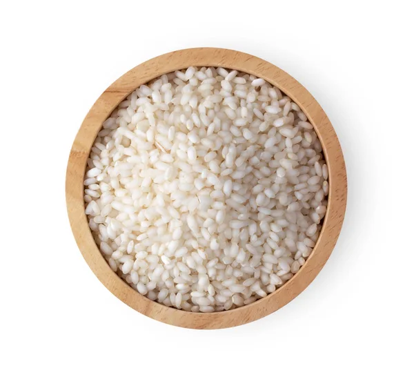 Weißer Reis Holzschale Isoliert Auf Weißem Hintergrund Ansicht Von Oben — Stockfoto