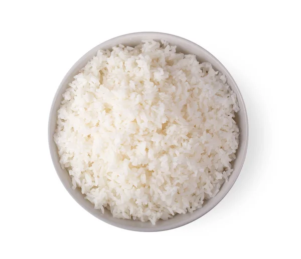 Arroz Uma Tigela Branca Fundo Branco Vista Superior — Fotografia de Stock