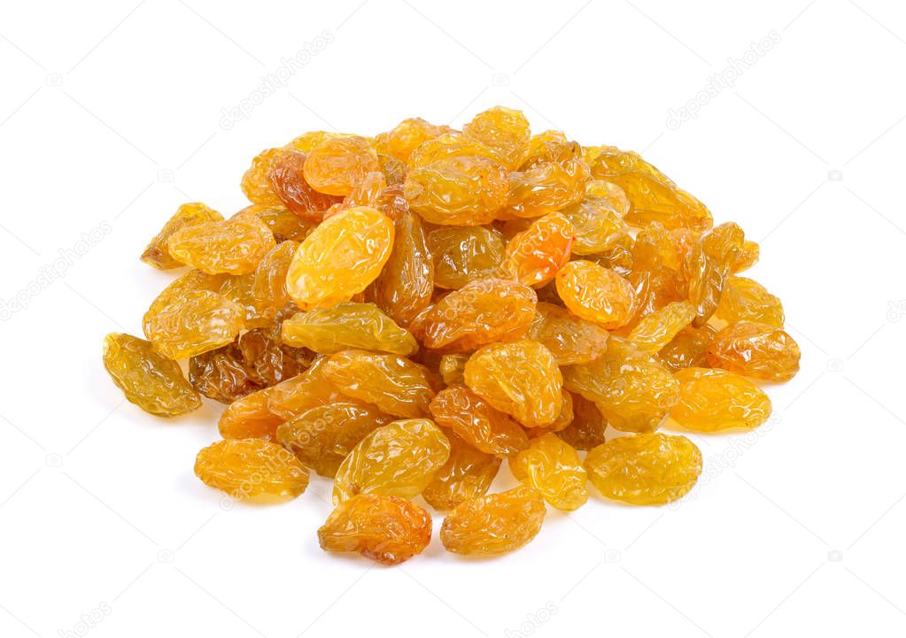 Yellow golden raisins isolated on white background