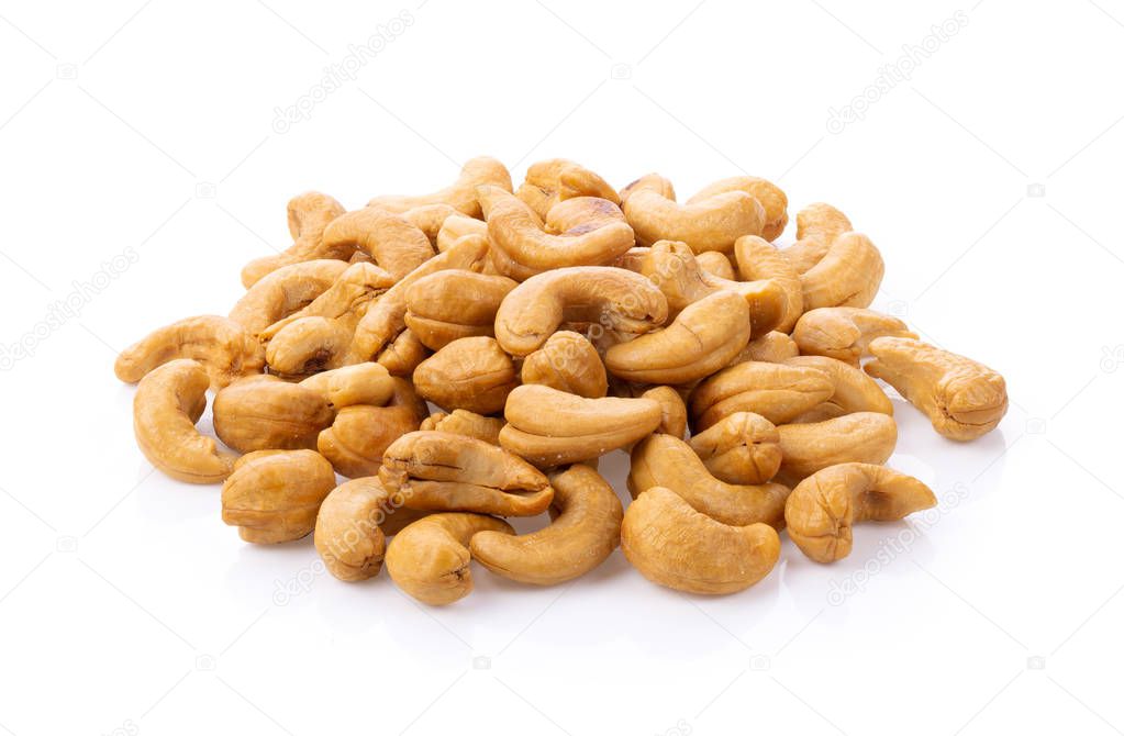 Roasted cashew nuts with salted isolated on white background. full depth of field