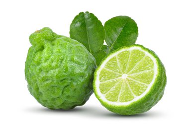  Beyaz arka planda yapraklı bergamot ya da kaffir meyvesi. tam alan derinliği