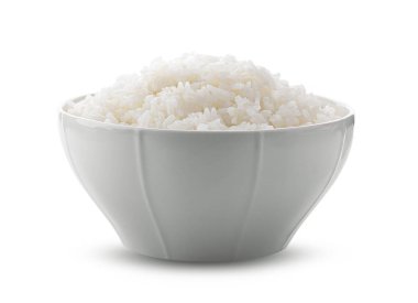 Jasmin Rice 'ı beyaz arka planda beyaz kasede pişirdim. tam alan derinliği
