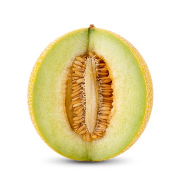 Beyaz arka planda izole edilmiş sarı yarım kavun. tam alan derinliği