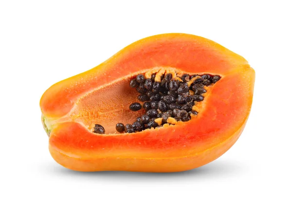 Érett Papaya Gyümölcs Fele Fehér Alapon Izolált Magokkal Teljes Mélységélesség — Stock Fotó