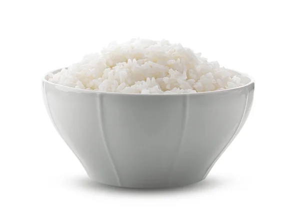 Cooked Jasmin Rice White Bowl White Background Full Depth Field — Stock Photo, Image