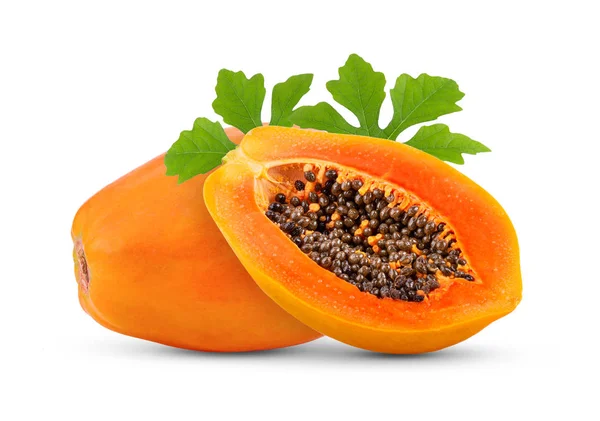 Hoja Papaya Madura Con Semillas Aisladas Sobre Fondo Blanco Profundidad — Foto de Stock