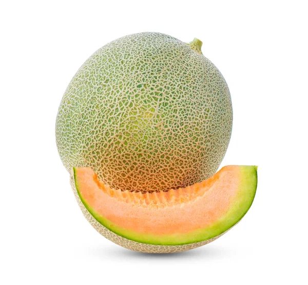 Geheel Gesneden Japanse Meloenen Meloen Geïsoleerd Witte Achtergrond — Stockfoto