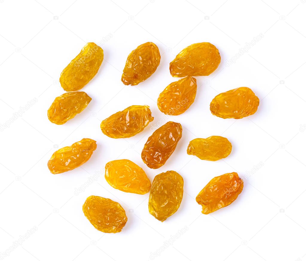 Yellow golden raisins isolated on white background. top view
