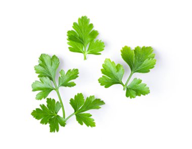 Beyaz arka planda izole edilmiş taze maydanoz otu. en üstteki görünüm