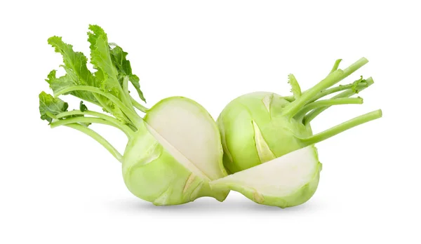 Frischer Kohlrabi Mit Grünen Blättern Auf Isoliertem Weißem Hintergrund Volle — Stockfoto