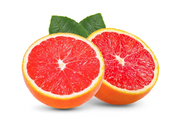 Zralý Plátek Růžového Grapefruitového Citrusového Ovoce Listy Izolovanými Bílém Pozadí — Stock fotografie