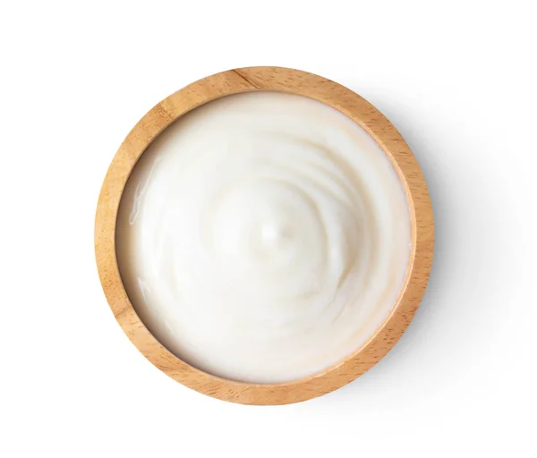 Miska Drewna Jogurt Izolowane Białym Tle Góry Widok — Zdjęcie stockowe