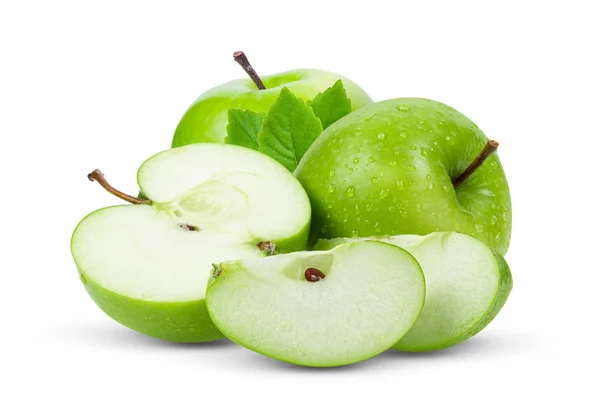 Zelené Jablko Listem Izolovaným Bílém Pozadí Plná Hloubka Pole — Stock fotografie