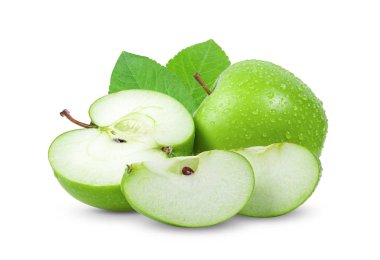 Beyaz arka planda yapraklı yeşil elma. tam alan derinliği