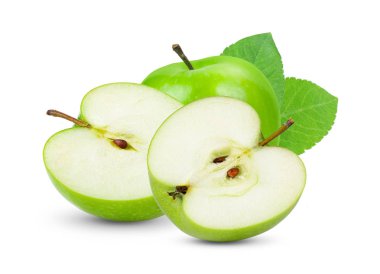  Beyaz arkaplanda yaprağı olan taze yeşil elma 