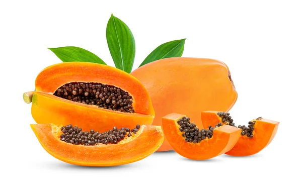 Érett Papaya Fehér Alapon Izolált Levéllel Teljes Mélységélesség — Stock Fotó