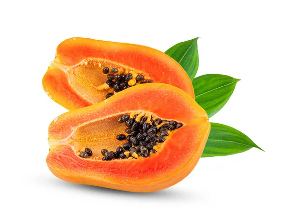 Érett Papaya Fehér Alapon Izolált Levéllel Teljes Mélységélesség — Stock Fotó