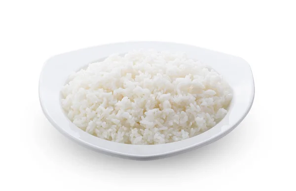 Arroz Cozido Jasmin Placa Branca Sobre Fundo Branco — Fotografia de Stock