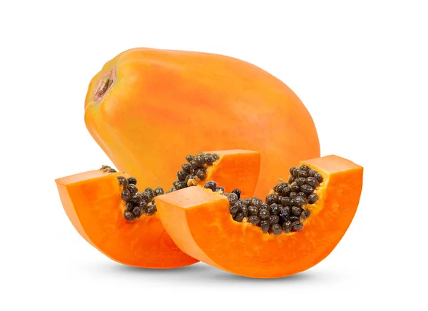 Érett Papaya Gyümölcs Magvak Izolált Fehér Alapon — Stock Fotó