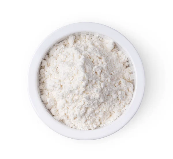 Flour White Bowl Isolated White Background Top View — Stock Photo, Image